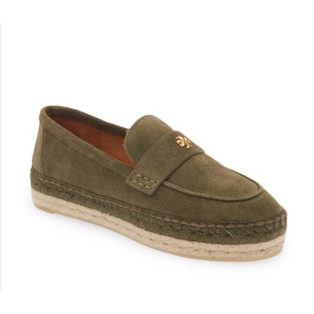 Tory Burch Olive Green Suede Espadrille Seaside Loafers Size 9